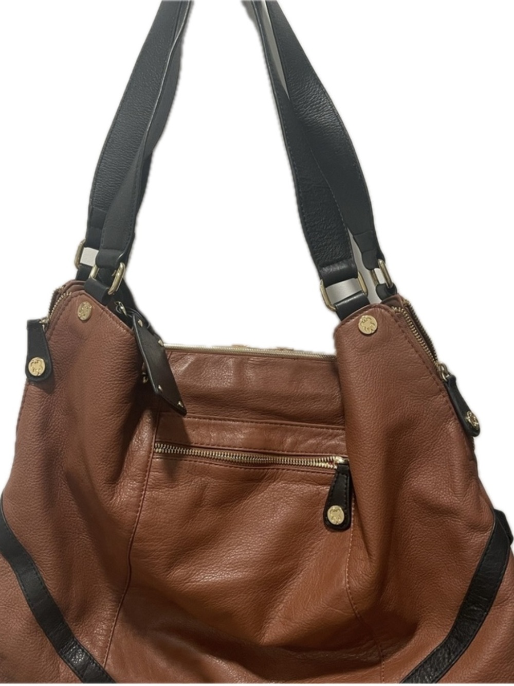 Emma Fox Large Cognac Pebbled Leather Hobo Shoulder Bag Black Trim Gold Hardware - Picture 12 of 13